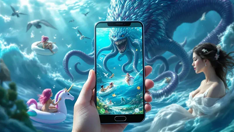 Ilustrasi dunia bawah laut dengan target bergerak dalam permainan tembak ikan